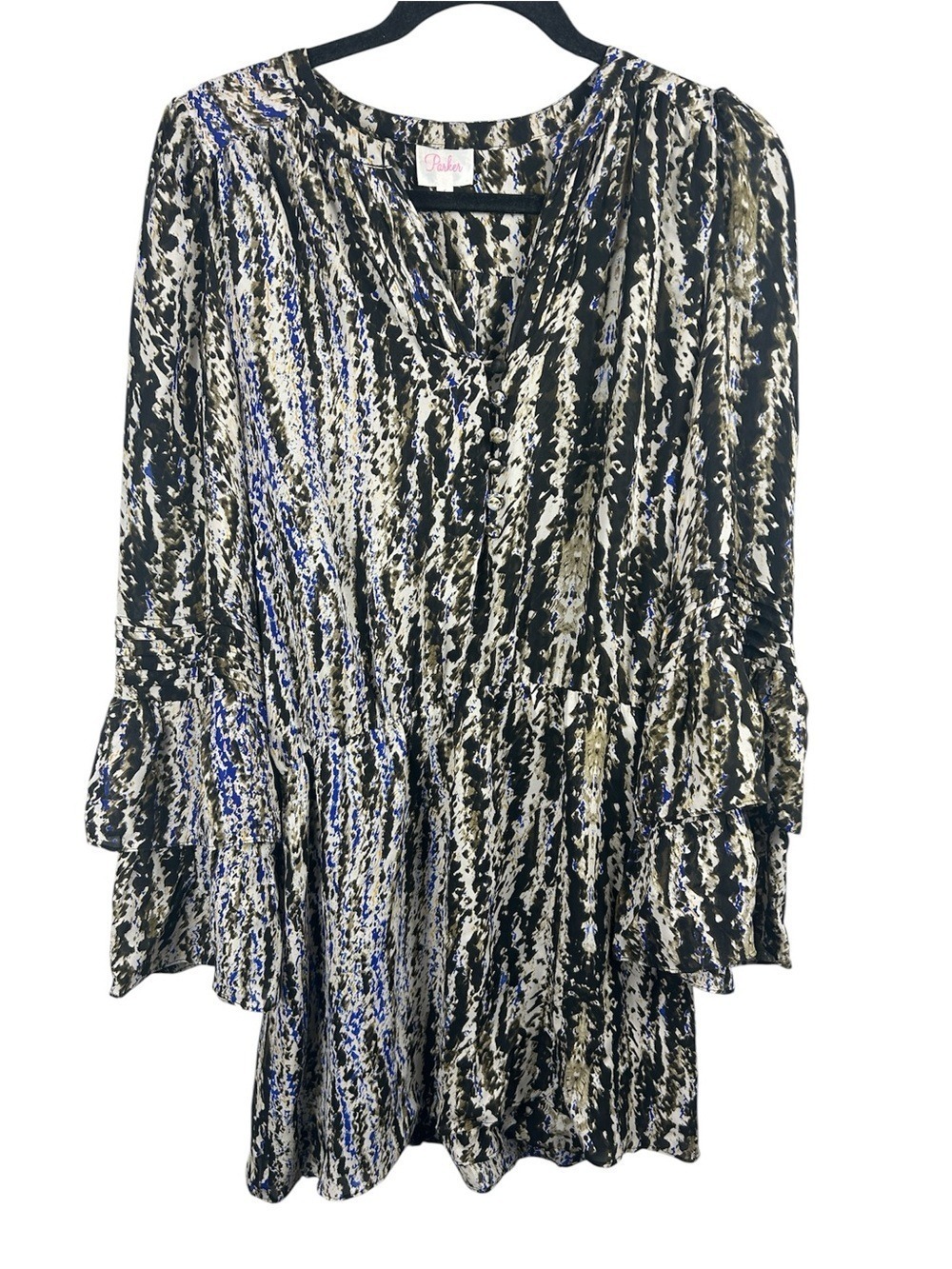 Parker Black, Cream & Blue Printed Long Sleeve Tiered Mini Dress Size S